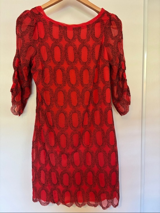 Tracy Reese Dresses & Skirts - Silk Midi Dress Size Small Red Black Romantic Geometric Puff Sleeve Artsy Dainty